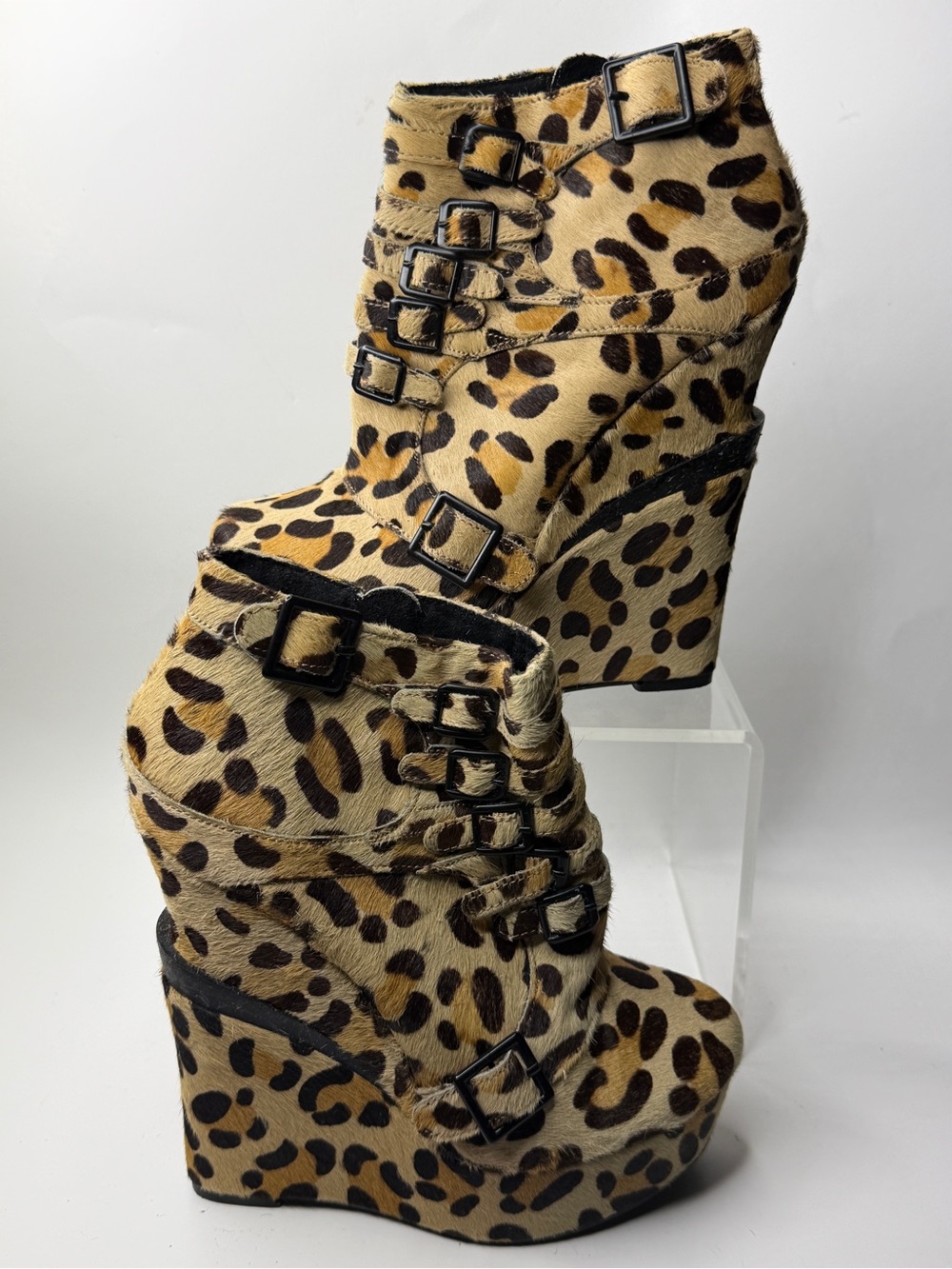 Michael Antonio Leopard Print Wedge Booties in Tan and Black